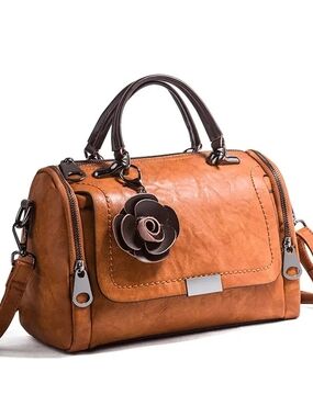 Classic Tan Women's Satchel with Floral Charm